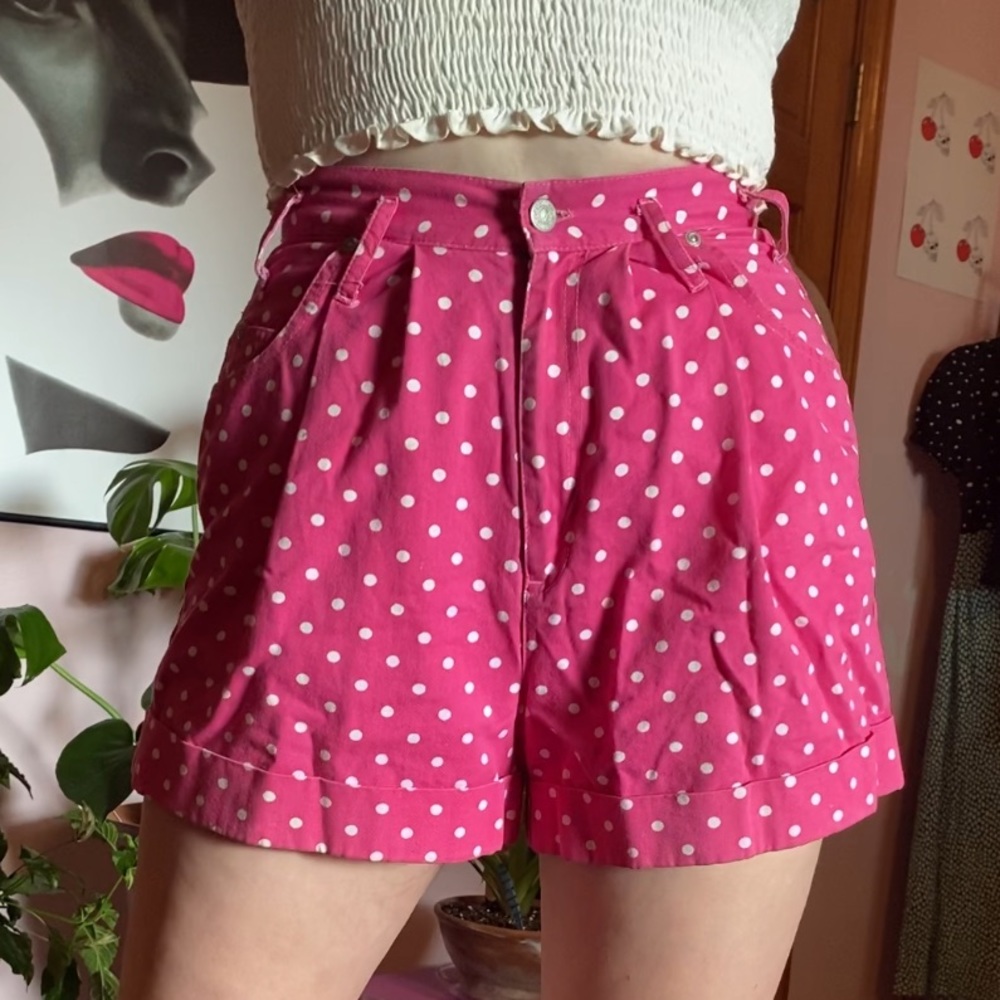 vintage pink and white polka dot denim shorts
